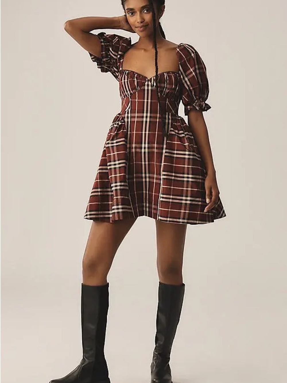 Maeve Tartan Plaid Mini Dress with Puff Sleeves
